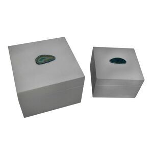 Pair of Glossy White Decorative Boxes With Blue Agate Accents
